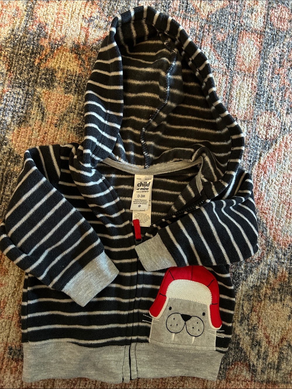 child of mine Navy and Gray Striped Hoodie with Red Walrus Patch